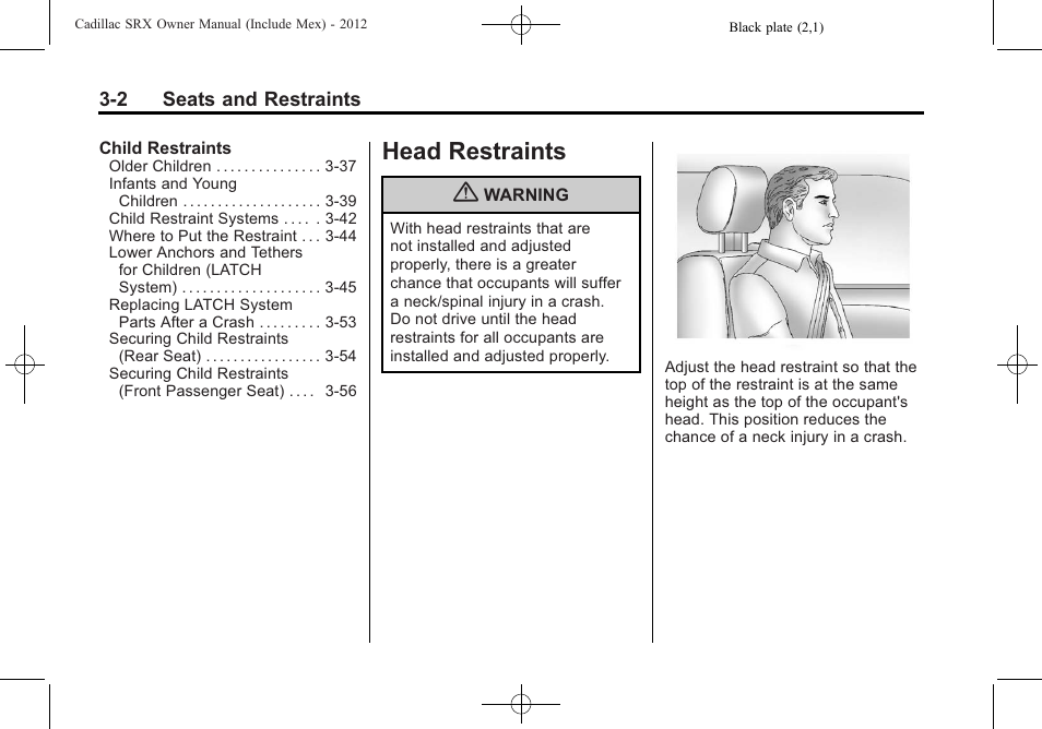 Head restraints, Head restraints -2 | Cadillac 2012 SRX User Manual | Page 62 / 512