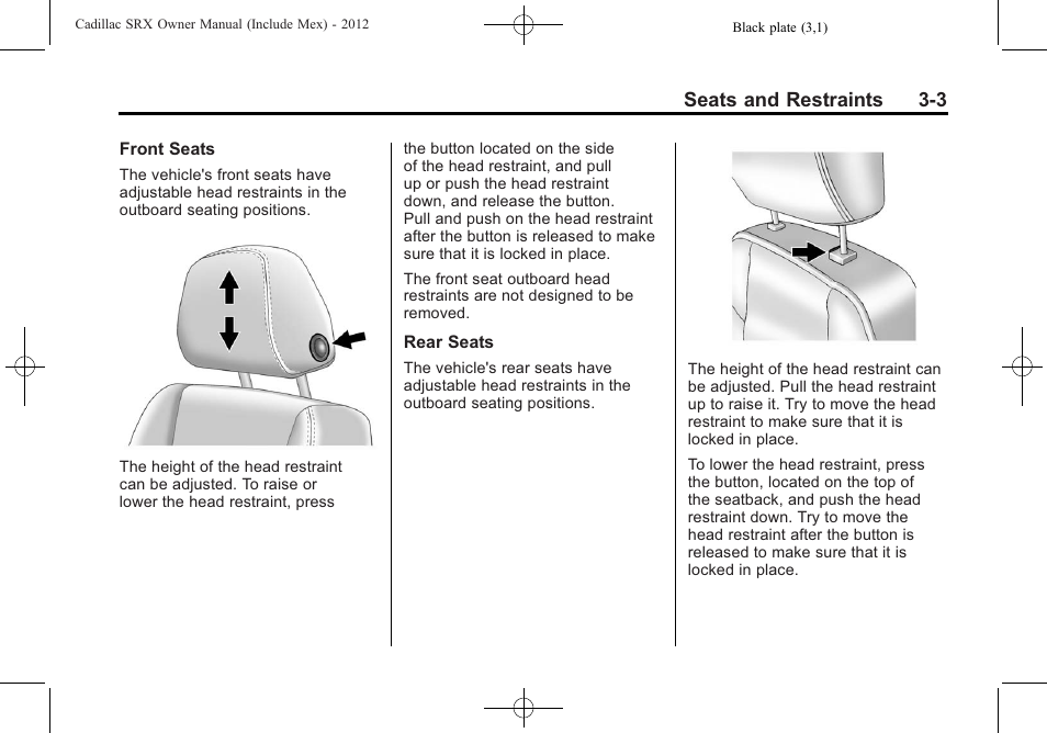 Seats and restraints 3-3 | Cadillac 2012 SRX User Manual | Page 63 / 512