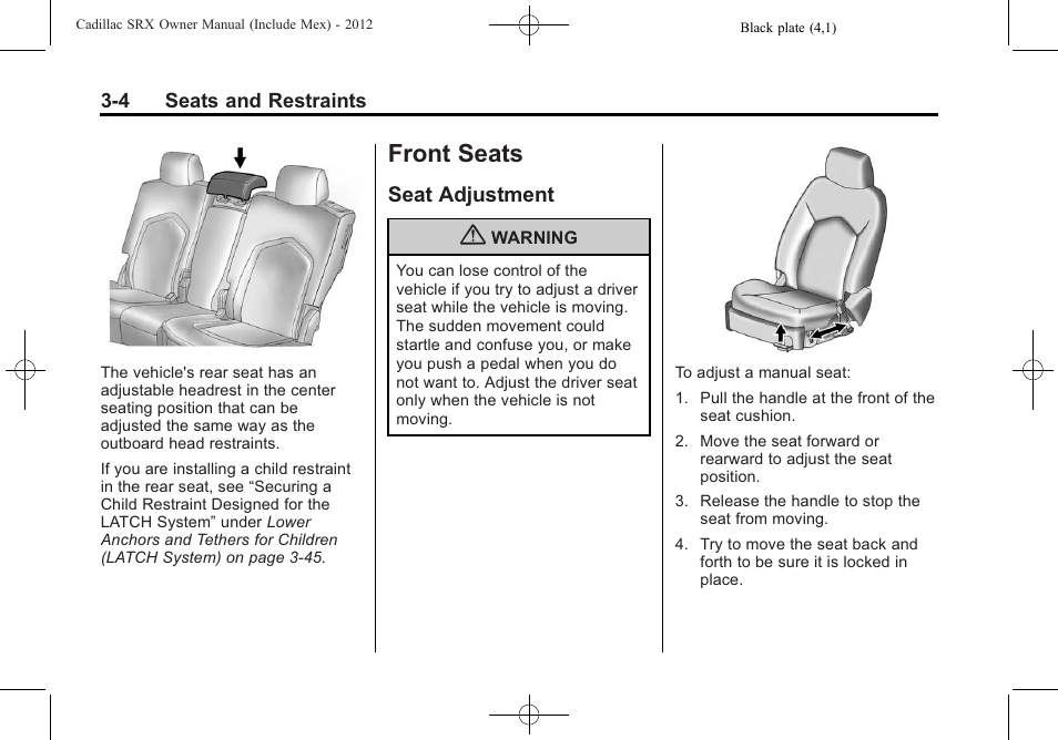 Front seats, Seat adjustment, Front seats -4 | Seat adjustment -4 | Cadillac 2012 SRX User Manual | Page 64 / 512