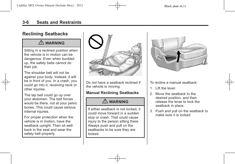 Reclining seatbacks, Reclining seatbacks -6, Safety | Cadillac 2012 SRX User Manual | Page 66 / 512