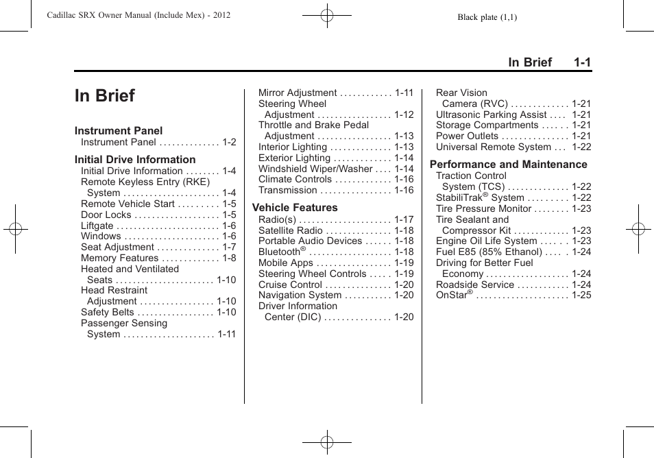 In brief, In brief -1 | Cadillac 2012 SRX User Manual | Page 7 / 512