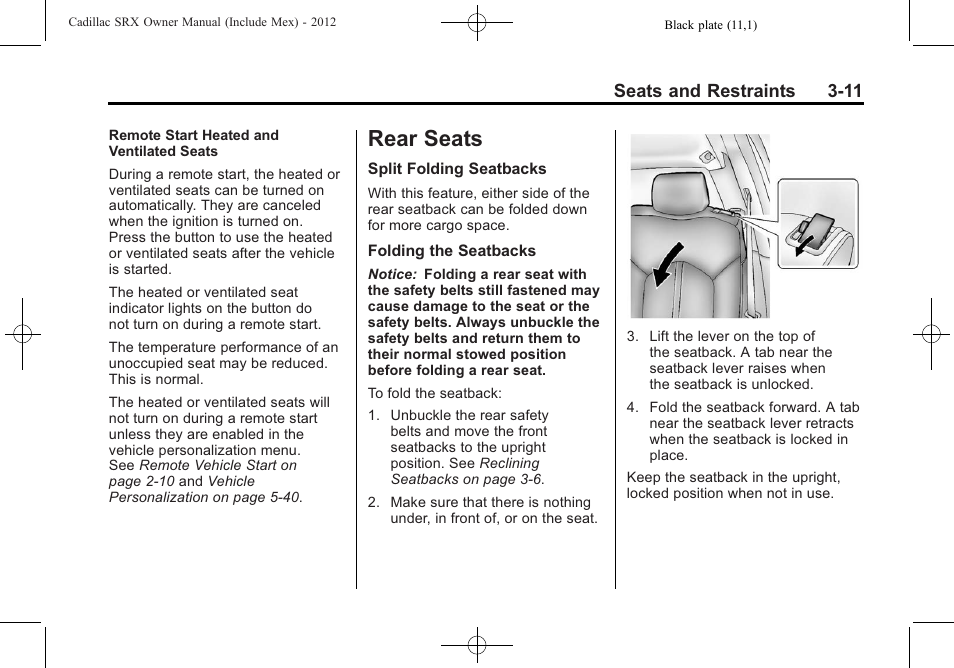 Rear seats, Rear seats -11, Airbag | Cadillac 2012 SRX User Manual | Page 71 / 512