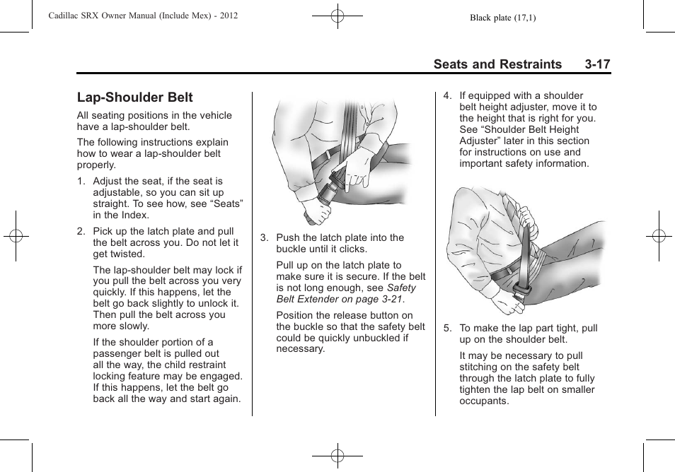 Lap-shoulder belt, Lap-shoulder belt -17, Airbag | Seats and restraints 3-17 | Cadillac 2012 SRX User Manual | Page 77 / 512