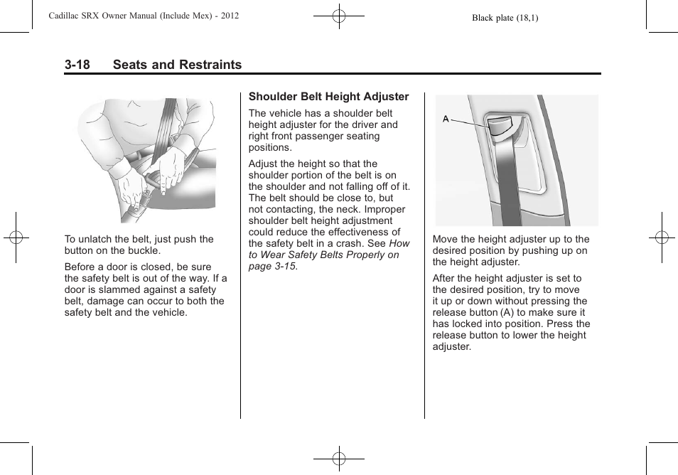 18 seats and restraints | Cadillac 2012 SRX User Manual | Page 78 / 512