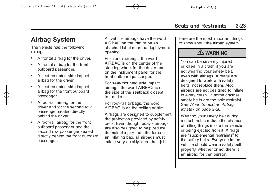 Airbag system, Airbag system -23, Audio players | System -23, Seats and restraints 3-23 | Cadillac 2012 SRX User Manual | Page 83 / 512