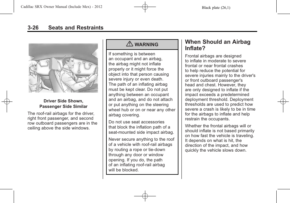 When should an airbag inflate, When should an airbag, Inflate? -26 | Cadillac 2012 SRX User Manual | Page 86 / 512