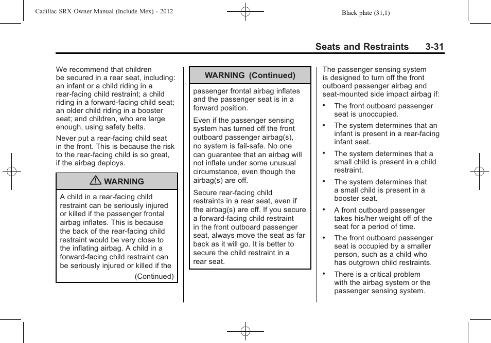 Seats and restraints 3-31 | Cadillac 2012 SRX User Manual | Page 91 / 512