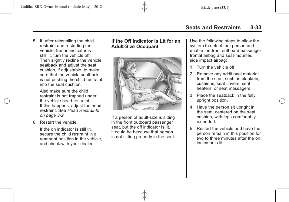 Seats and restraints 3-33 | Cadillac 2012 SRX User Manual | Page 93 / 512