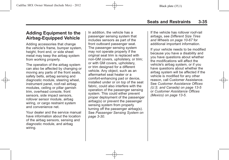 Adding equipment to the airbag-equipped vehicle, Adding equipment to the, Airbag-equipped vehicle -35 | Cadillac 2012 SRX User Manual | Page 95 / 512