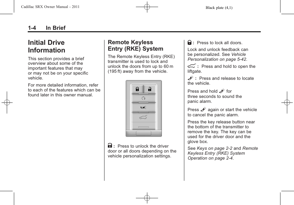 Initial drive information, Remote keyless entry (rke) system, Initial drive information -4 | Additional storage features -3, Air vents, System -4 | Cadillac 2011 SRX User Manual | Page 10 / 502