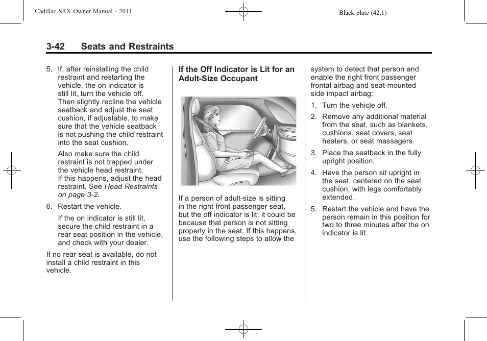 42 seats and restraints | Cadillac 2011 SRX User Manual | Page 104 / 502