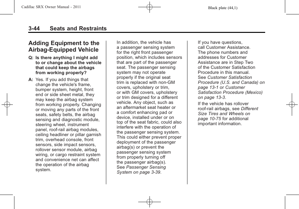 Adding equipment to the airbag-equipped vehicle, Adding equipment to the, Airbag-equipped vehicle -44 | Cadillac 2011 SRX User Manual | Page 106 / 502