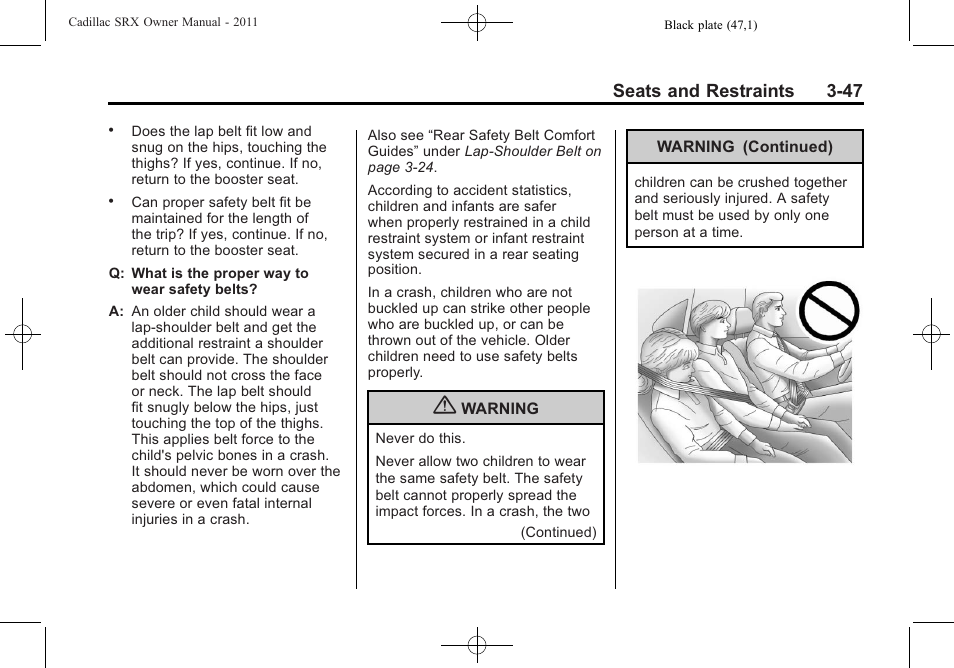 Seats and restraints 3-47 | Cadillac 2011 SRX User Manual | Page 109 / 502