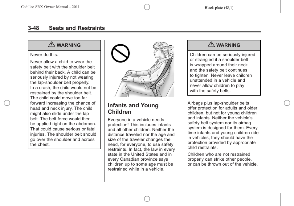 Infants and young children, Infants and young, Children -48 | Cadillac 2011 SRX User Manual | Page 110 / 502