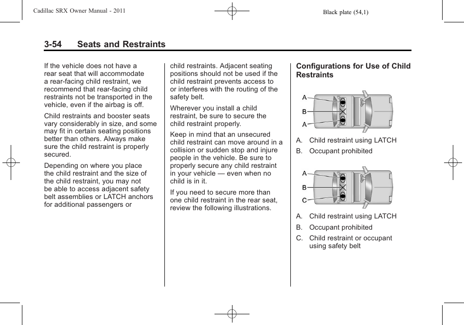 54 seats and restraints | Cadillac 2011 SRX User Manual | Page 116 / 502