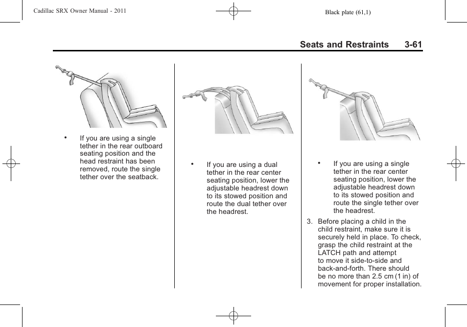 Seats and restraints 3-61 | Cadillac 2011 SRX User Manual | Page 123 / 502
