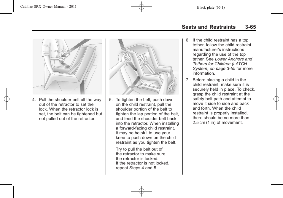 Seats and restraints 3-65 | Cadillac 2011 SRX User Manual | Page 127 / 502