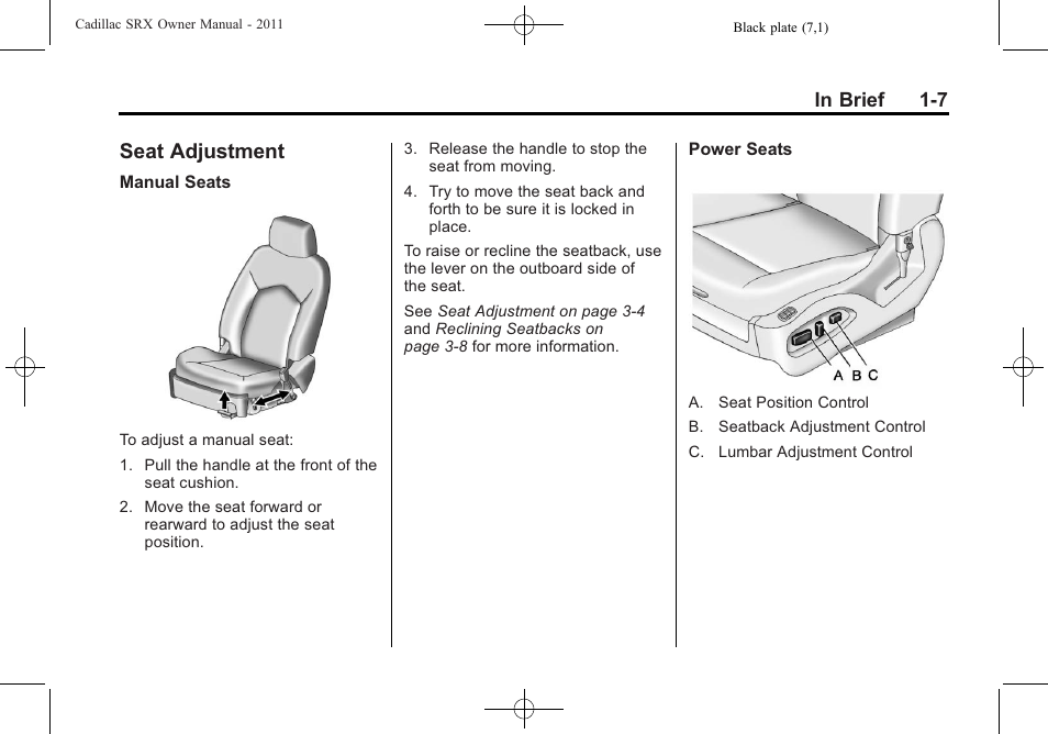 Seat adjustment, Seat adjustment -7 | Cadillac 2011 SRX User Manual | Page 13 / 502