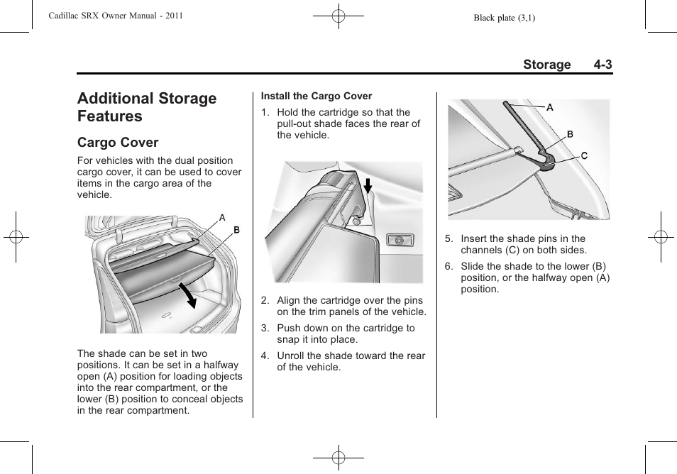Additional storage features, Cargo cover, Cargo cover -3 | Cadillac 2011 SRX User Manual | Page 135 / 502