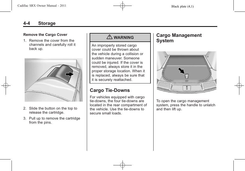 Cargo tie-downs, Cargo management system, Cargo tie-downs -4 cargo management | System -4 | Cadillac 2011 SRX User Manual | Page 136 / 502