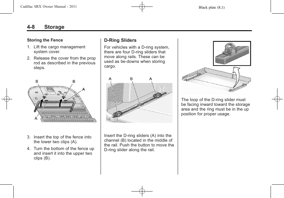 8 storage | Cadillac 2011 SRX User Manual | Page 140 / 502