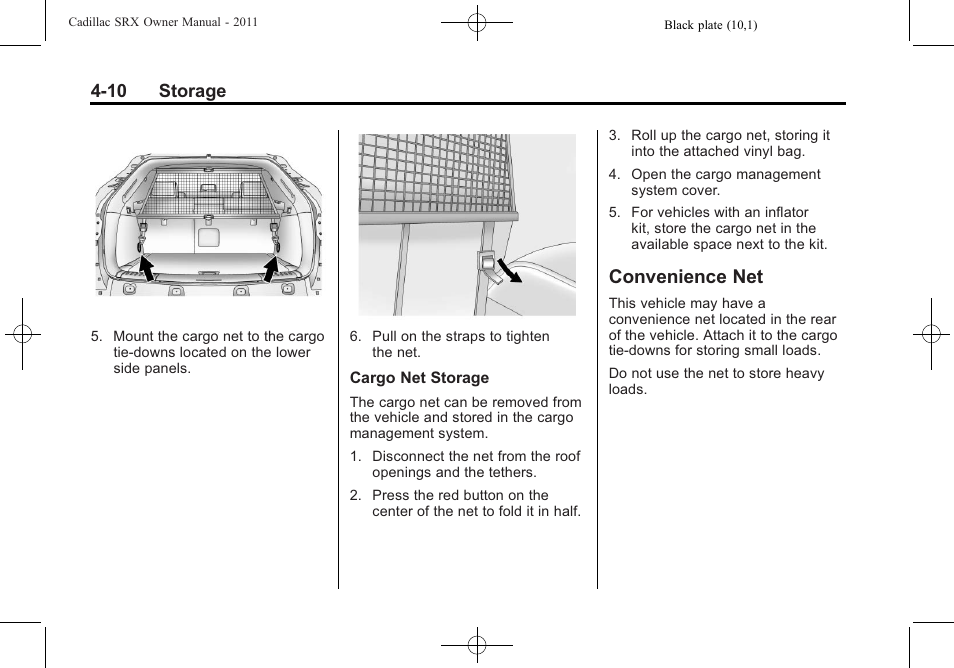 Convenience net, Convenience net -10, 10 storage | Cadillac 2011 SRX User Manual | Page 142 / 502