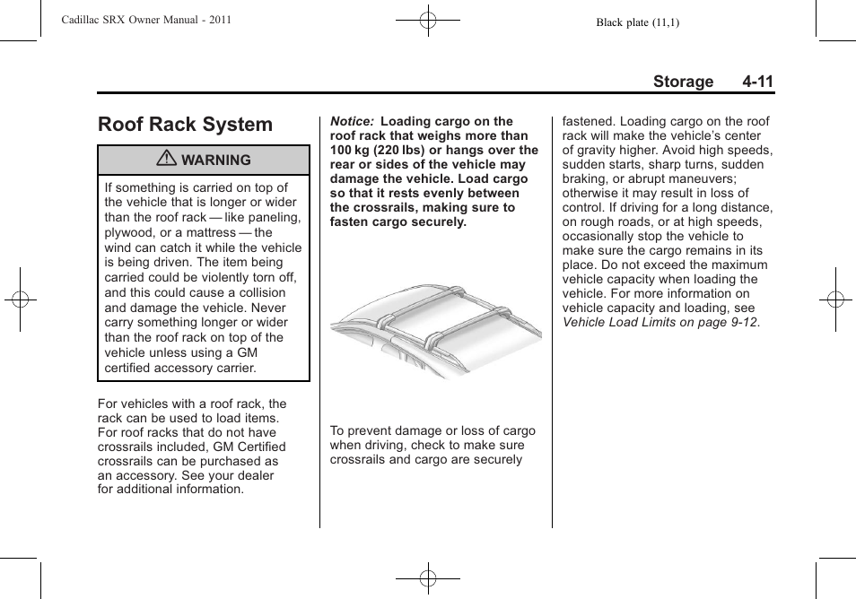 Roof rack system, Maintenance, Roof rack system -11 | Cadillac 2011 SRX User Manual | Page 143 / 502