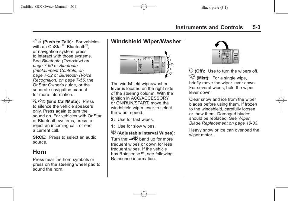 Horn, Windshield wiper/washer, Horn -3 windshield wiper/washer -3 | Charging | Cadillac 2011 SRX User Manual | Page 147 / 502