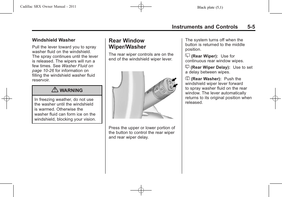 Rear window wiper/washer, Rear window wiper, Washer -5 | Cadillac 2011 SRX User Manual | Page 149 / 502
