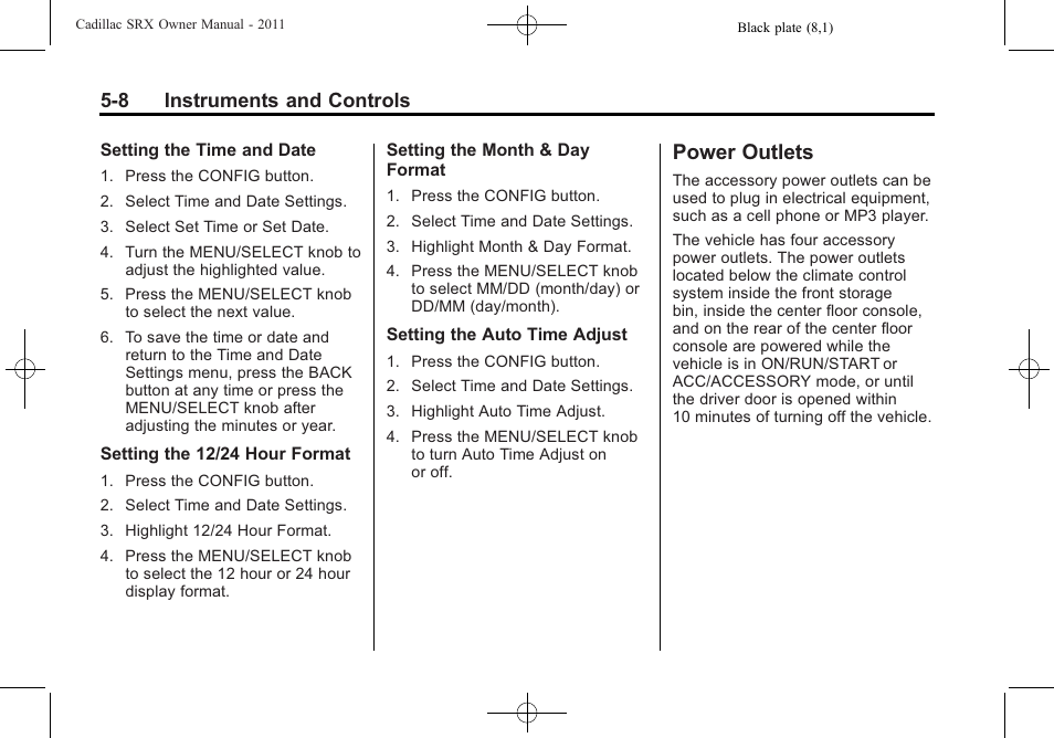 Power outlets, Power outlets -8, 8 instruments and controls | Cadillac 2011 SRX User Manual | Page 152 / 502