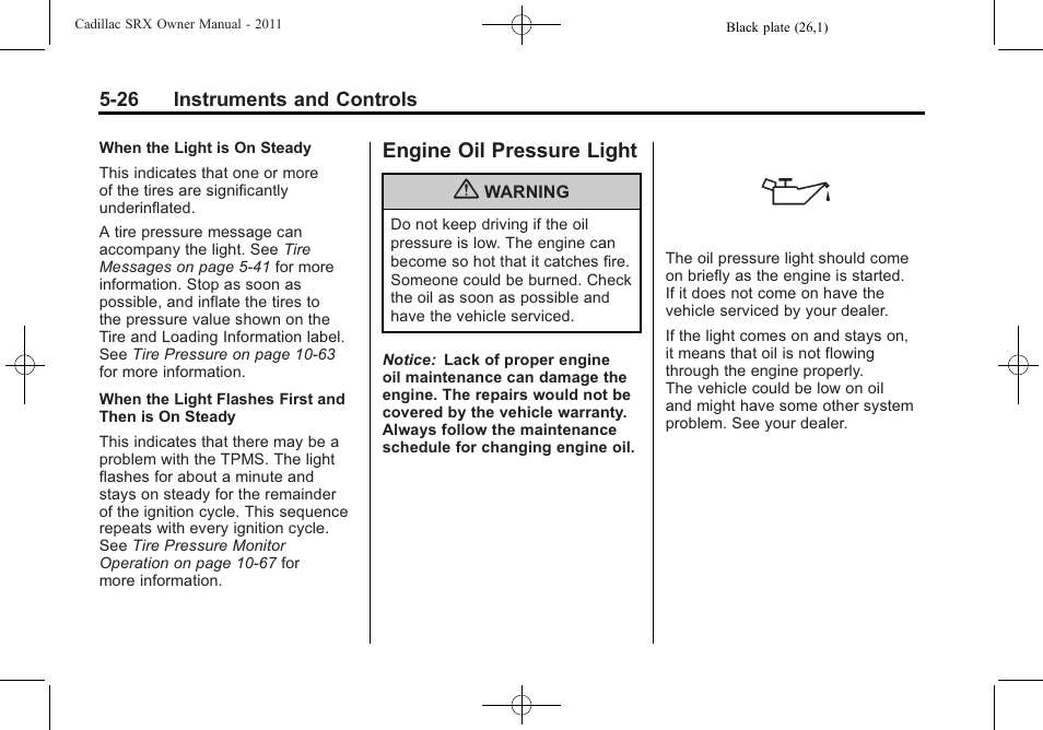 Engine oil pressure light, Engine oil pressure light -26 | Cadillac 2011 SRX User Manual | Page 170 / 502