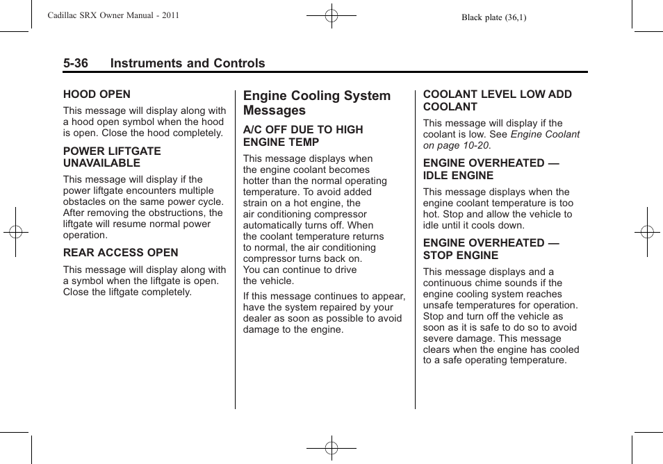 Engine cooling system messages, Engine cooling system, Messages -36 | Cadillac 2011 SRX User Manual | Page 180 / 502