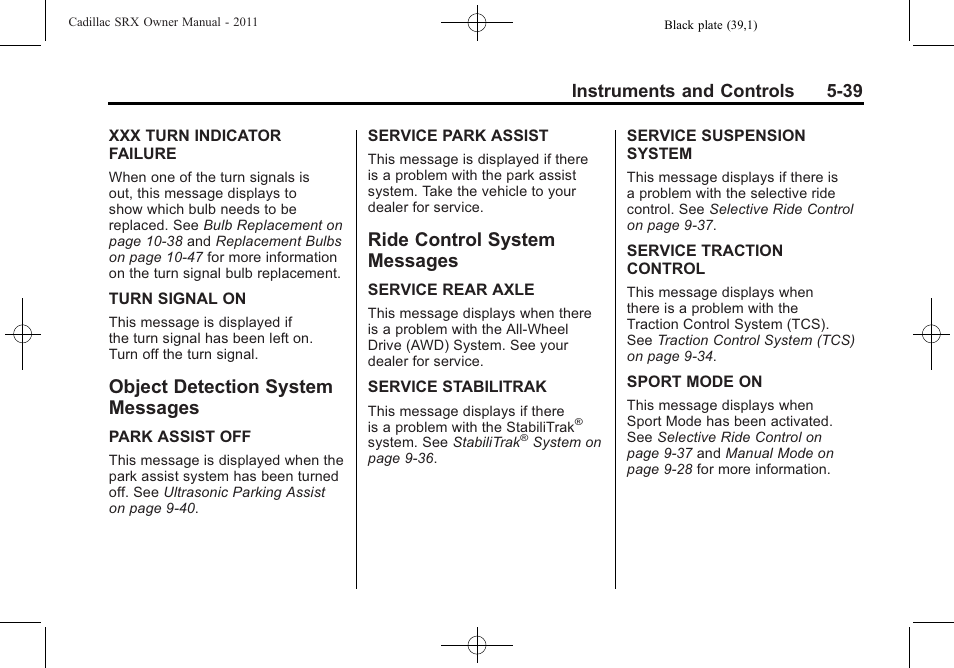 Object detection system messages, Ride control system messages, Object detection system | Messages -39, Ride control system, Instruments and controls 5-39 | Cadillac 2011 SRX User Manual | Page 183 / 502