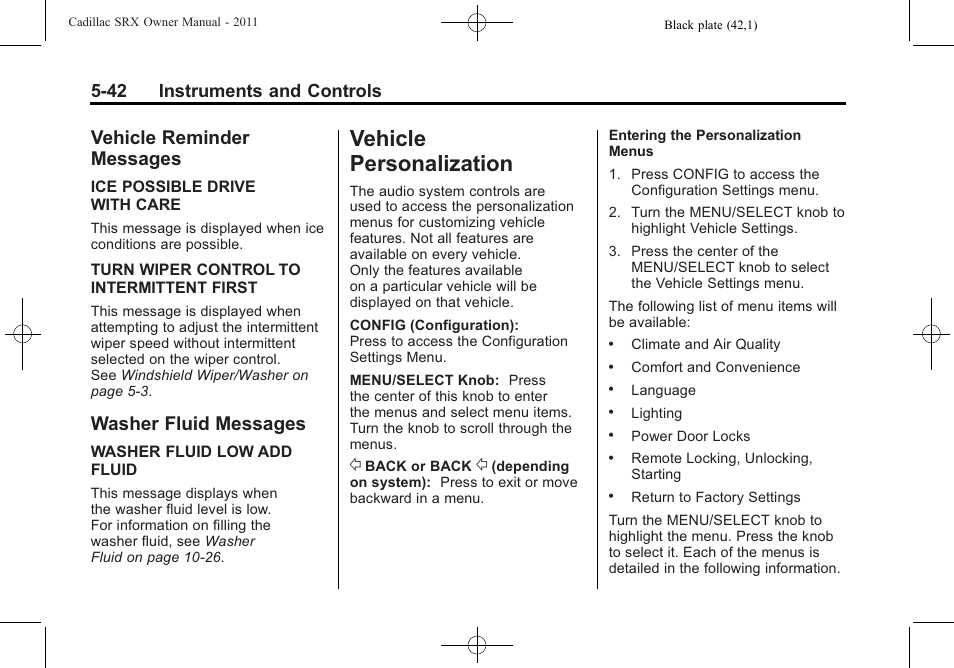 Vehicle reminder messages, Washer fluid messages, Vehicle personalization | Brakes, Vehicle reminder, Messages -42, Washer fluid messages -42, Vehicle personalization -42, 42 instruments and controls | Cadillac 2011 SRX User Manual | Page 186 / 502