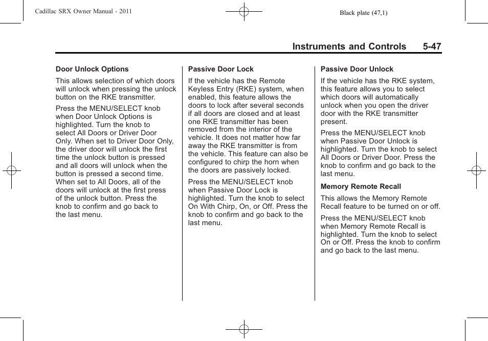 Instruments and controls 5-47 | Cadillac 2011 SRX User Manual | Page 191 / 502