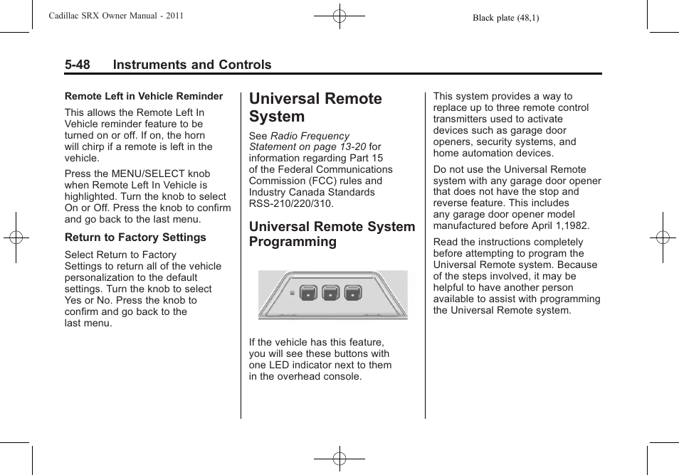Universal remote system, Universal remote system programming, Remote system -48 | Ride control systems, Programming -48 | Cadillac 2011 SRX User Manual | Page 192 / 502