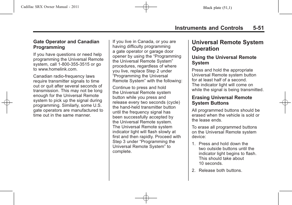 Universal remote system operation, Universal remote system, Operation -51 | Cadillac 2011 SRX User Manual | Page 195 / 502