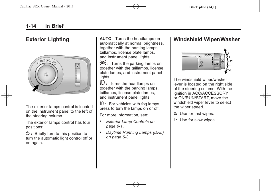 Exterior lighting, Windshield wiper/washer, Exterior lighting -14 windshield wiper/washer -14 | Performance | Cadillac 2011 SRX User Manual | Page 20 / 502