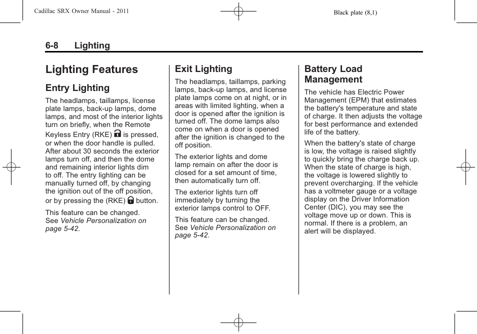 Lighting features, Entry lighting, Exit lighting | Battery load management, Features -8, Conversions | Cadillac 2011 SRX User Manual | Page 204 / 502