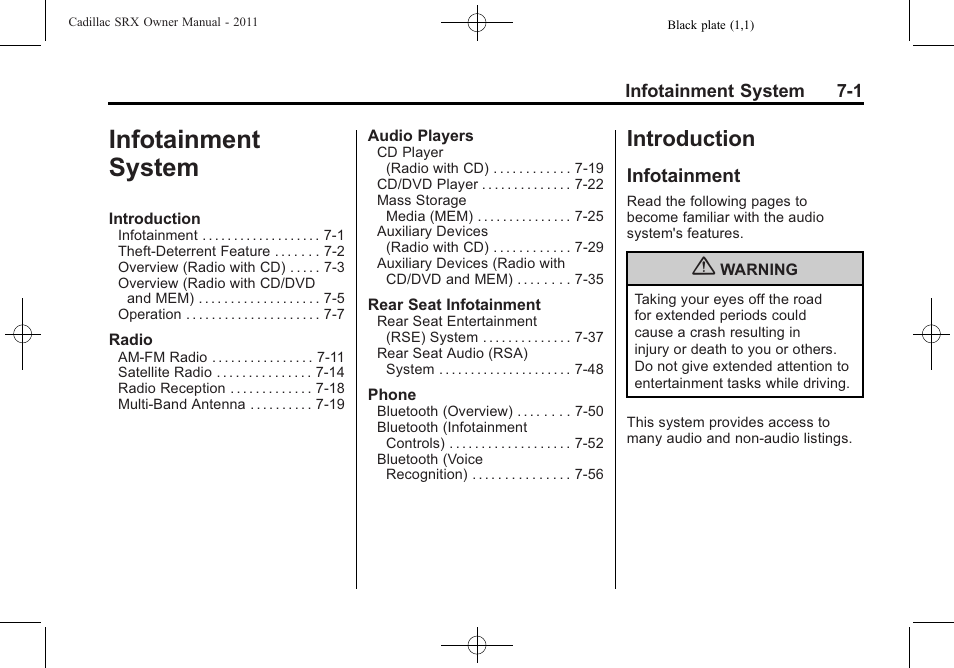 Infotainment system, Introduction, Infotainment | Infotainment system -1, Introduction -1 | Cadillac 2011 SRX User Manual | Page 207 / 502