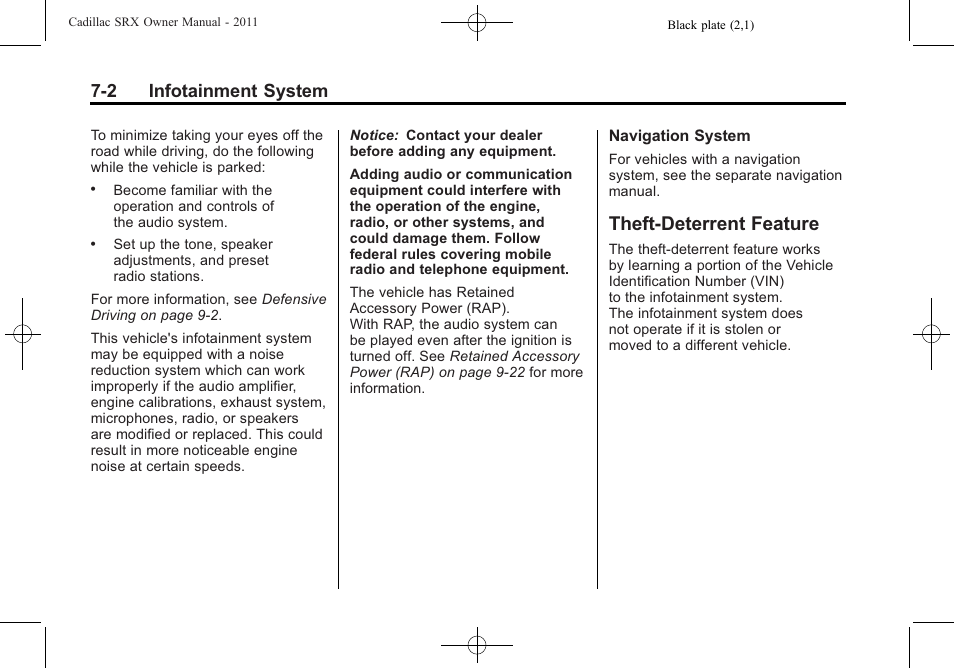 Theft-deterrent feature, Theft-deterrent feature -2, 2 infotainment system | Cadillac 2011 SRX User Manual | Page 208 / 502