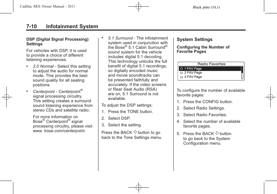 10 infotainment system | Cadillac 2011 SRX User Manual | Page 216 / 502