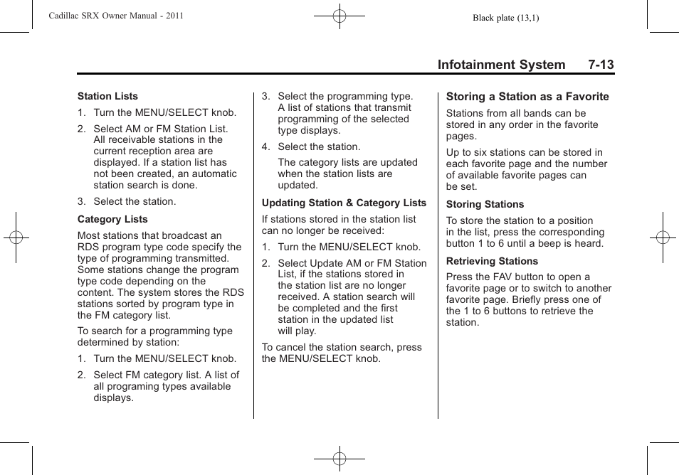 Infotainment system 7-13 | Cadillac 2011 SRX User Manual | Page 219 / 502