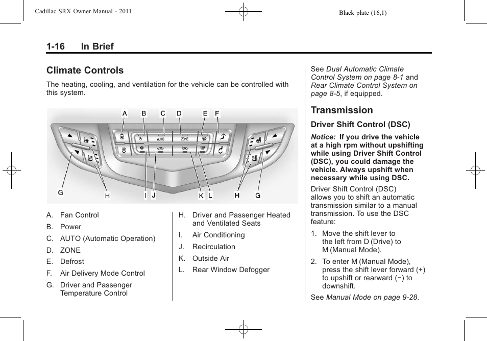 Climate controls, Transmission, Climate controls -16 transmission -16 | 16 in brief | Cadillac 2011 SRX User Manual | Page 22 / 502