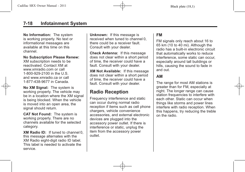 Radio reception, Radio reception -18, Phone | Cadillac 2011 SRX User Manual | Page 224 / 502