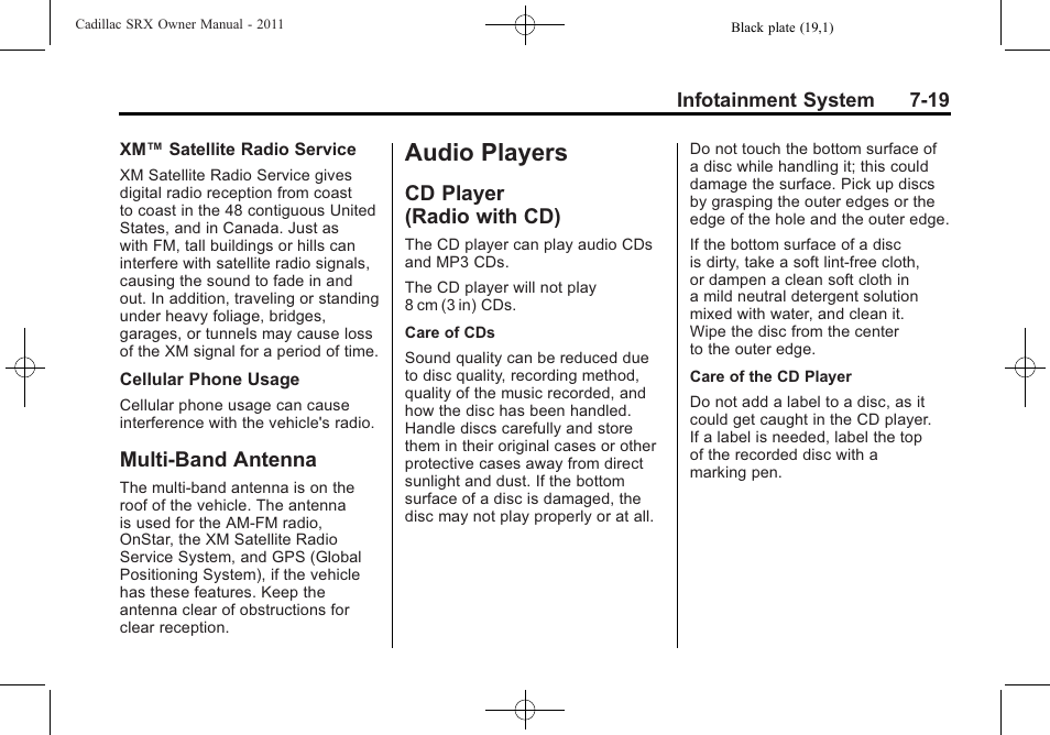 Multi-band antenna, Audio players, Cd player (radio with cd) | Audio players -19, Multi-band antenna -19, Cd player, Radio with cd) -19 | Cadillac 2011 SRX User Manual | Page 225 / 502