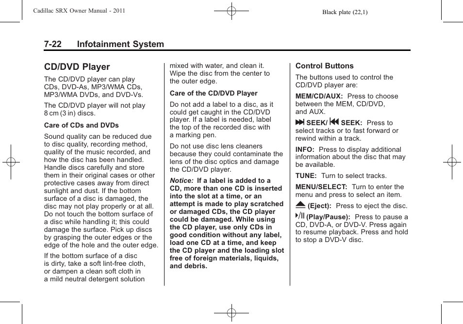 Cd/dvd player, Cd/dvd player -22 | Cadillac 2011 SRX User Manual | Page 228 / 502