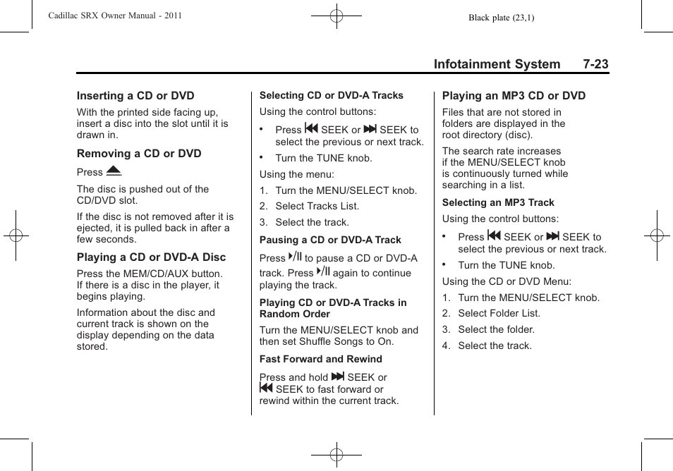 Infotainment system 7-23 | Cadillac 2011 SRX User Manual | Page 229 / 502