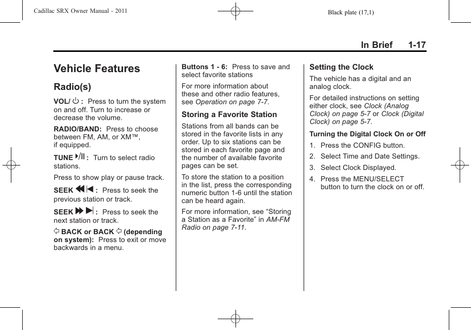 Vehicle features, Radio(s), Vehicle features -17 | Roof rack system -1, Radio(s) -17 | Cadillac 2011 SRX User Manual | Page 23 / 502