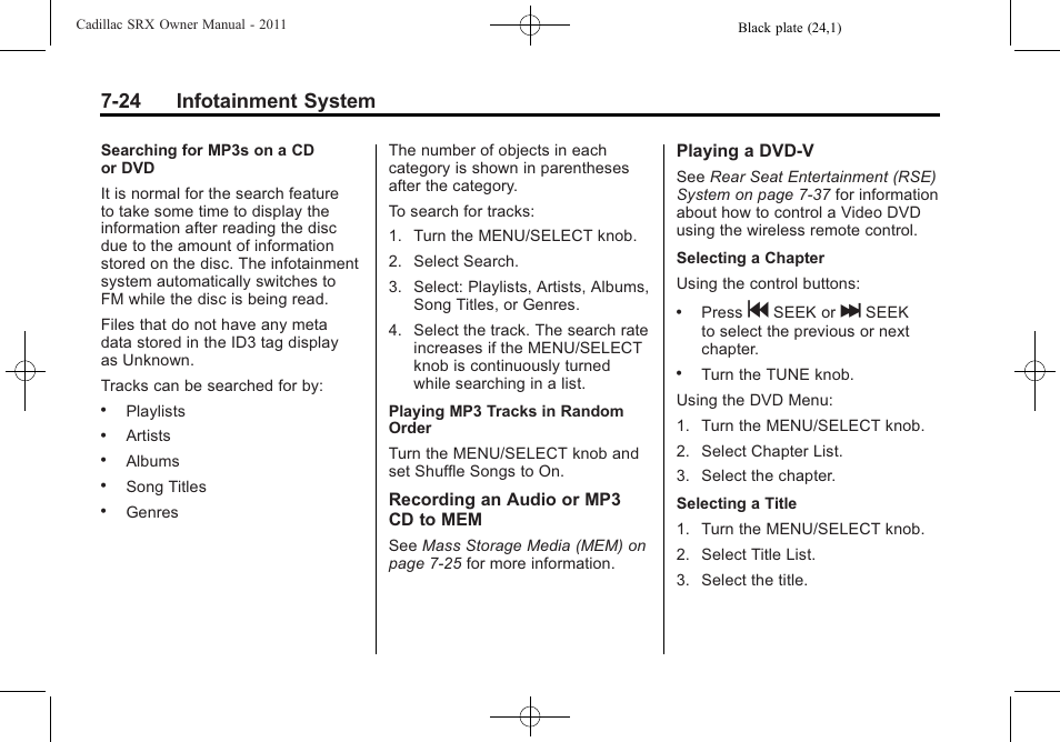 24 infotainment system | Cadillac 2011 SRX User Manual | Page 230 / 502